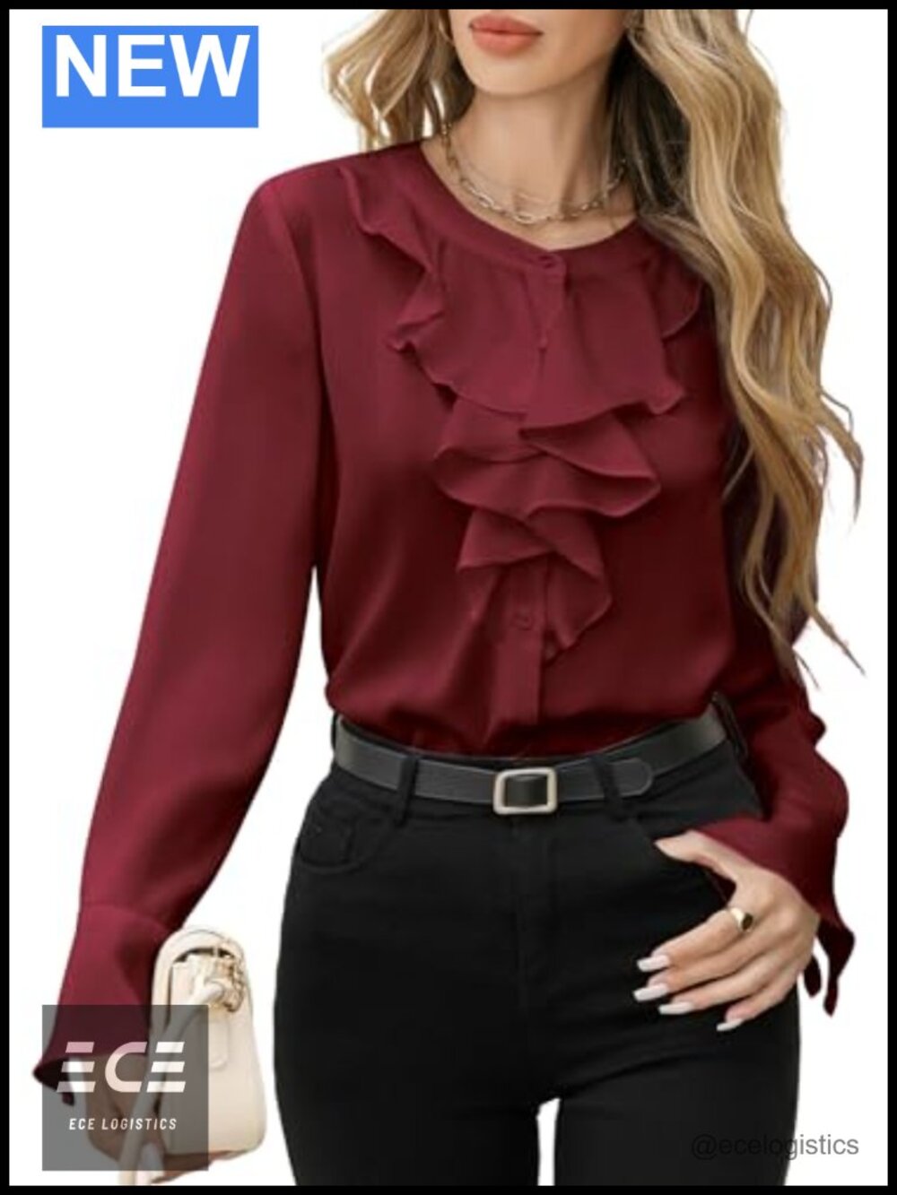 Women's Button Down Blouse with Bell Sleeves & Ruffle